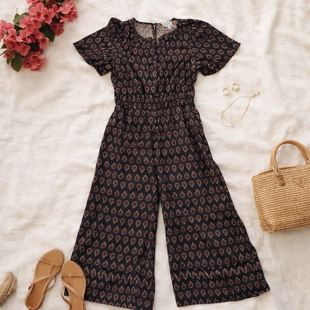 Anthropologie Wide Leg Jumpsuit Boho Paisley Print Elastic Waist Keyhole Back XS